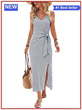 Women's V-Neck Sleeveless Wrap Midi Dress with Tie Waist and Side Slit, 95%